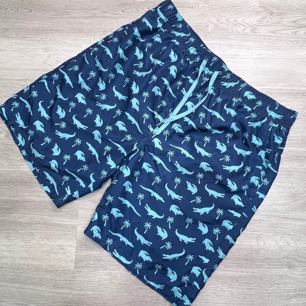 Mountain and Isles Mens XXL Navy Blue Crocodile Palm Tree Swim Trunks Mesh Lined